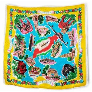 Vintage Malaya Singapore Travel Souvenir Silk Scarf Square Asian Large